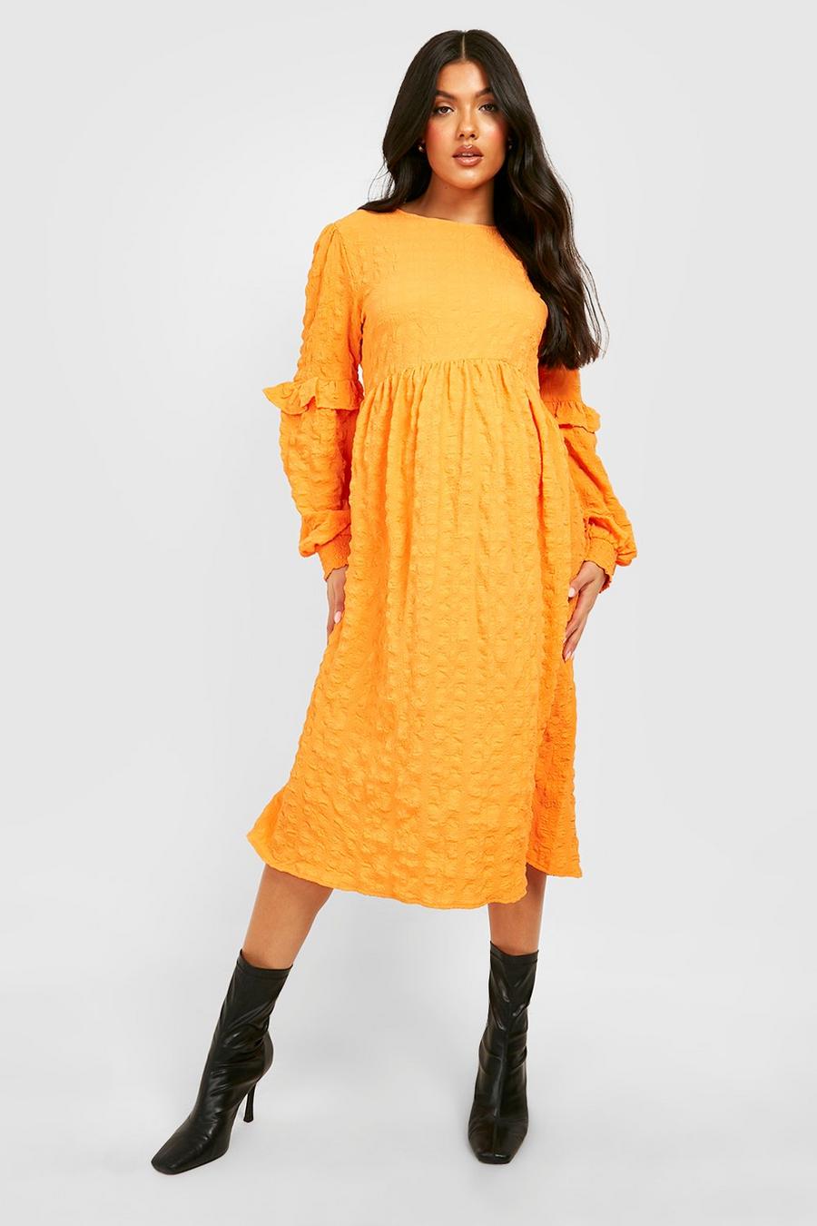 Orange Maternity Textured Smock Midi Dress image number 1