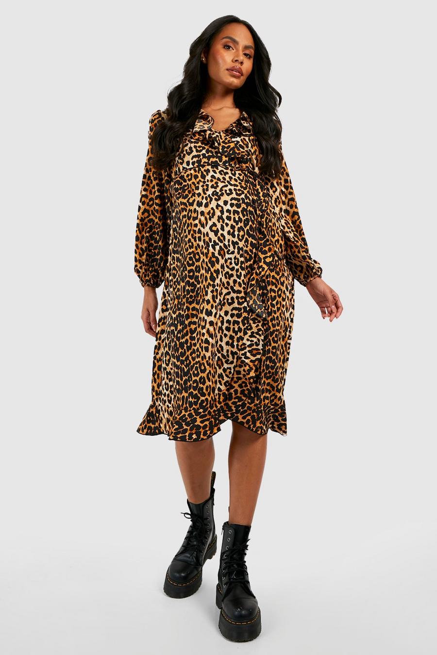 Vestido Premamá midi cruzado con estampado de leopardo, Leopard multi image number 1