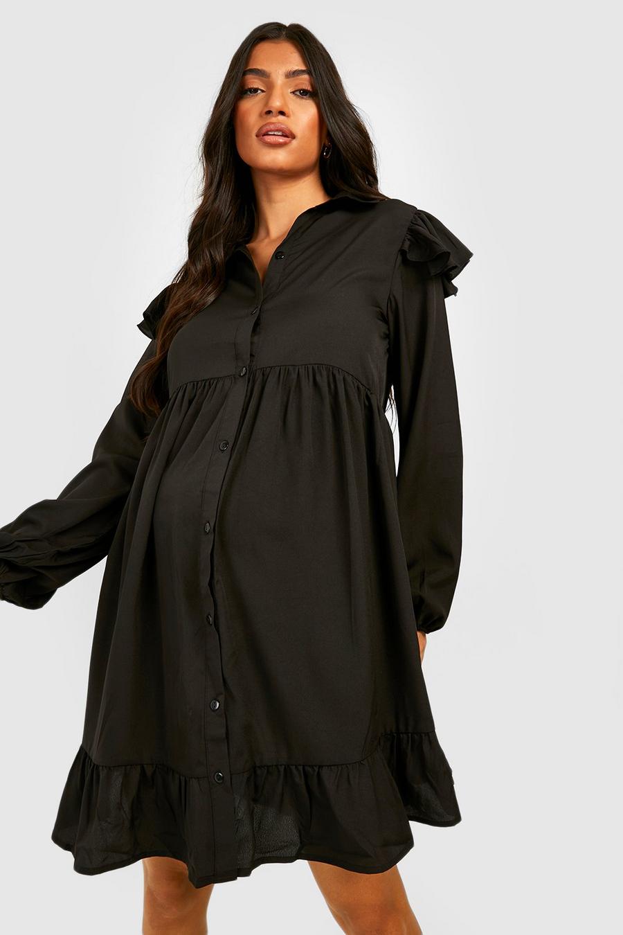 Black negro Maternity Frill Detail Smock Dress image number 1
