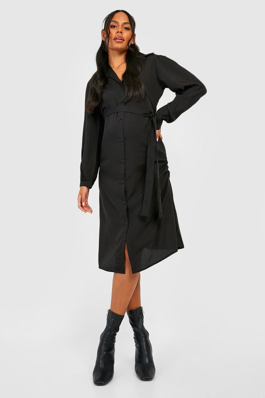 Black Maternity Midi Shirt Dress image number 1