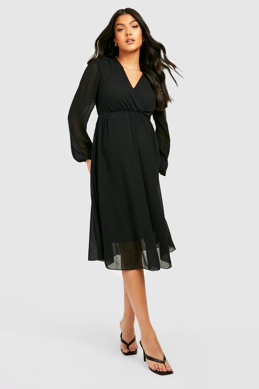 Black Maternity Chiffon Wrap Midi Dress image number 1
