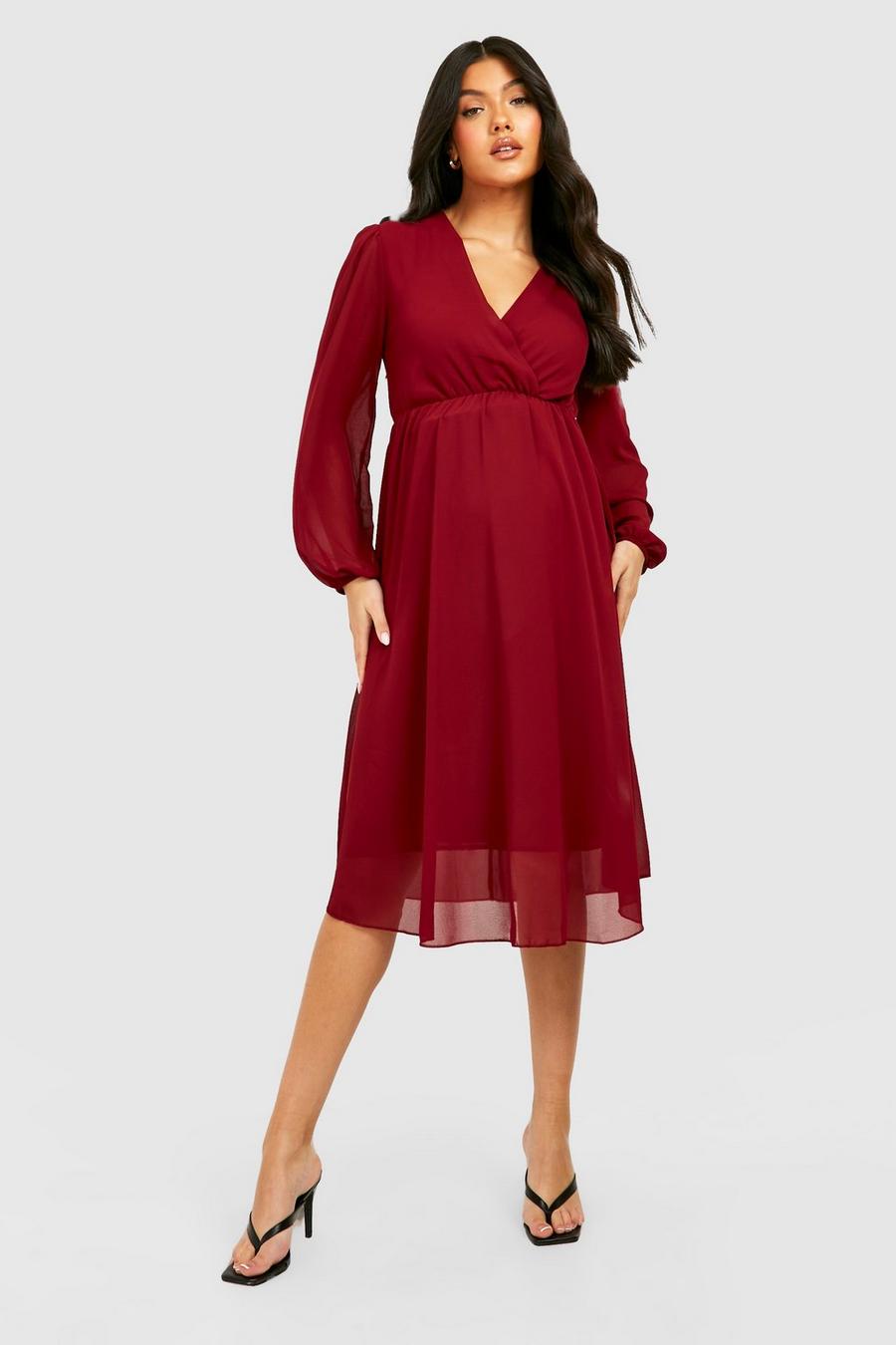 Wine rojo Maternity Chiffon Wrap Midi Dress
