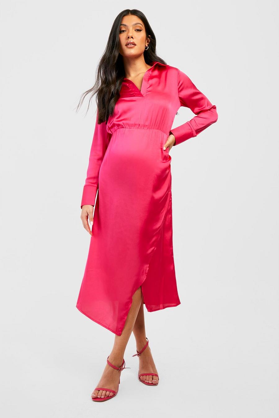 Hot pink Maternity Satin Midi Dress image number 1
