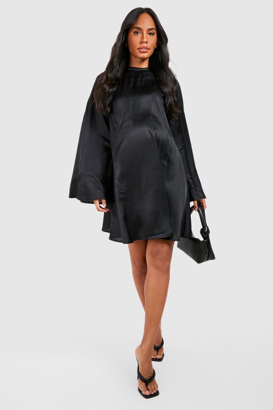 Black Maternity Satin Flare Sleeve Smock Dress image number 1