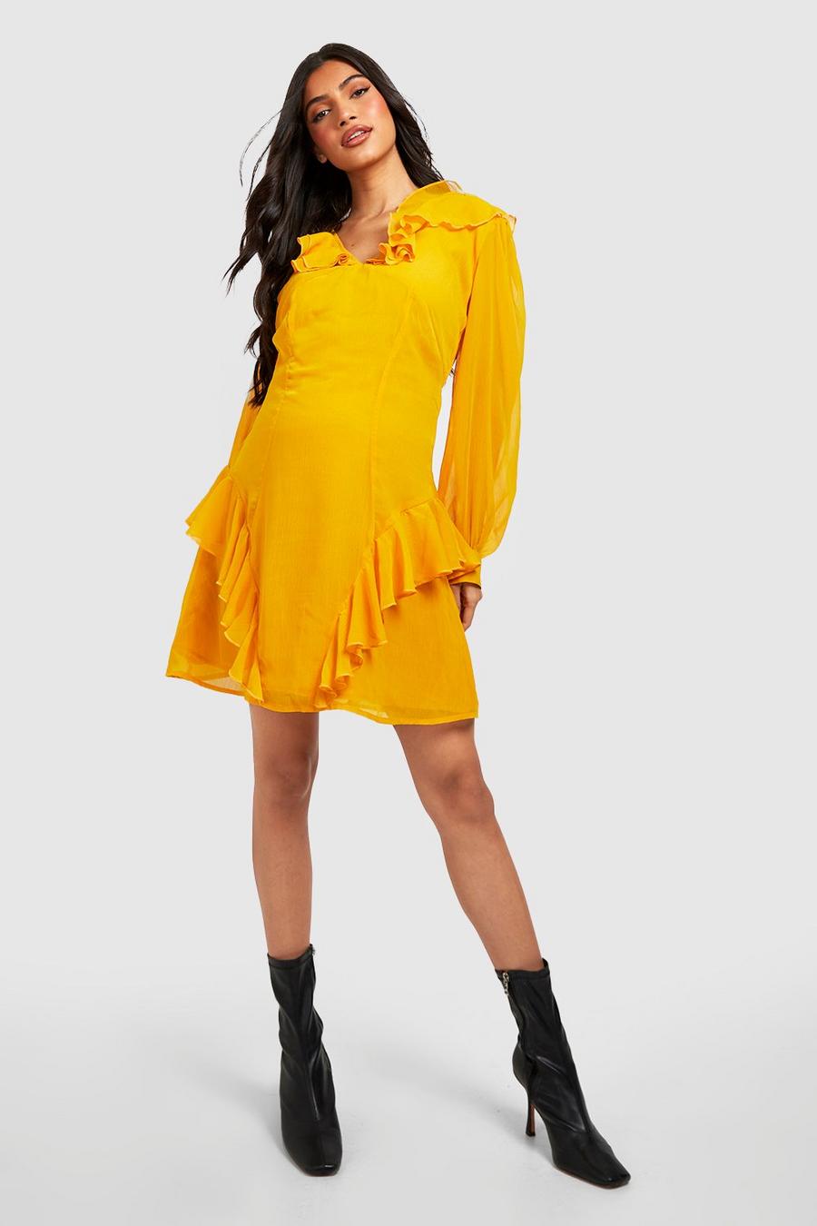Mustard yellow Maternity Chiffon Ruffle Mini Dress image number 1