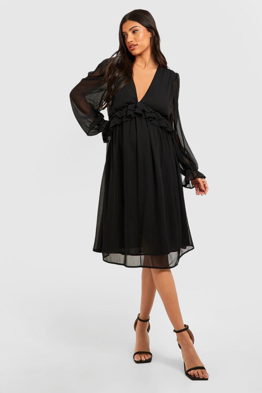 Black Maternity Chiffon Frill Midi Dress image number 1