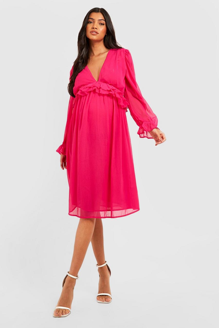 Hot pink Maternity Chiffon Frill Midi Dress image number 1