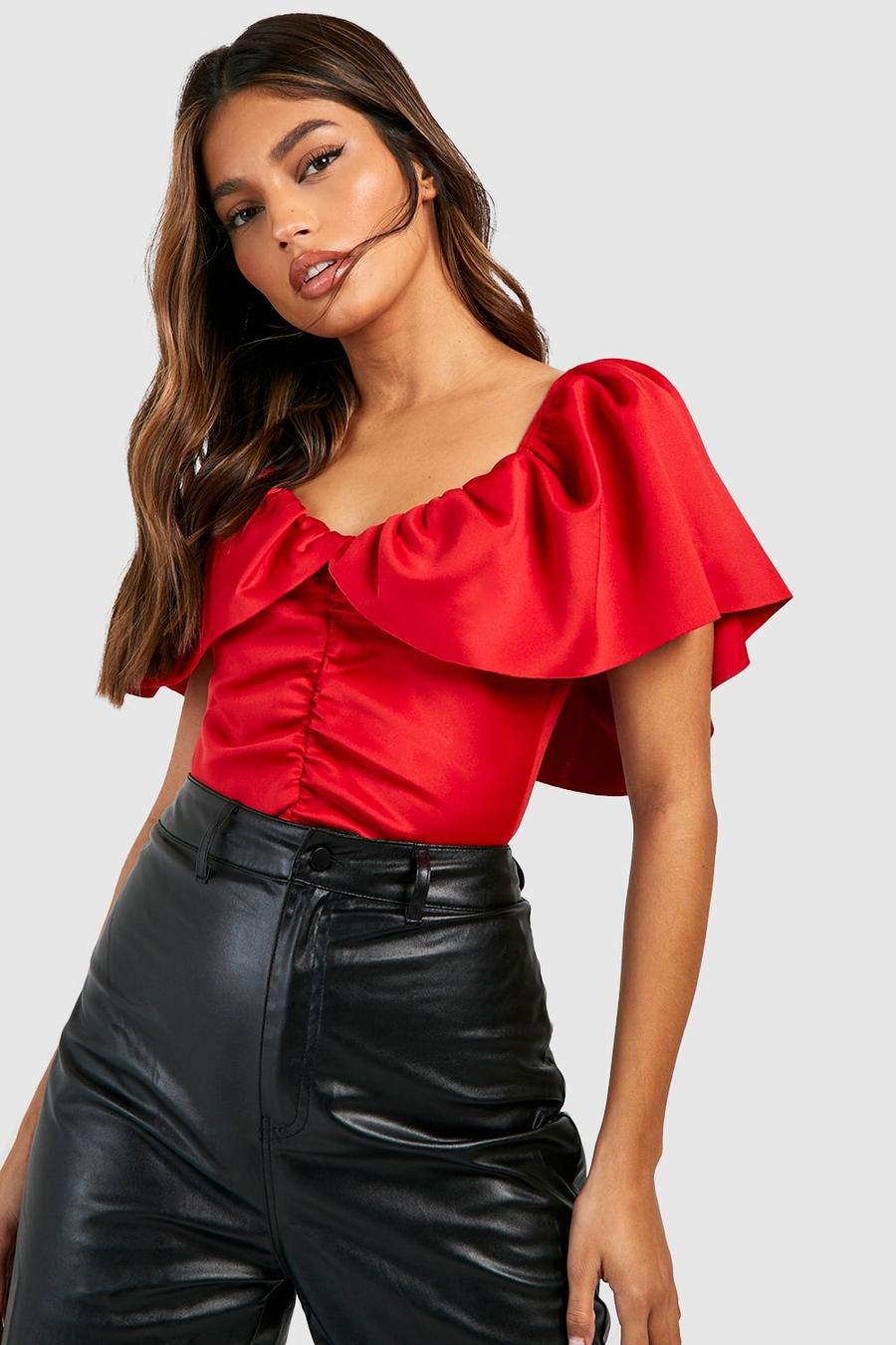 Red Scuba Ruffle Puff Sleeve Bodysuit image number 1