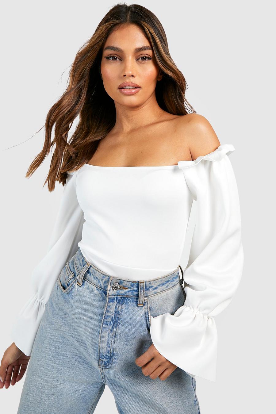 Ivory white Scuba Off The Shoulder Ruffle Detail Bodysuit image number 1