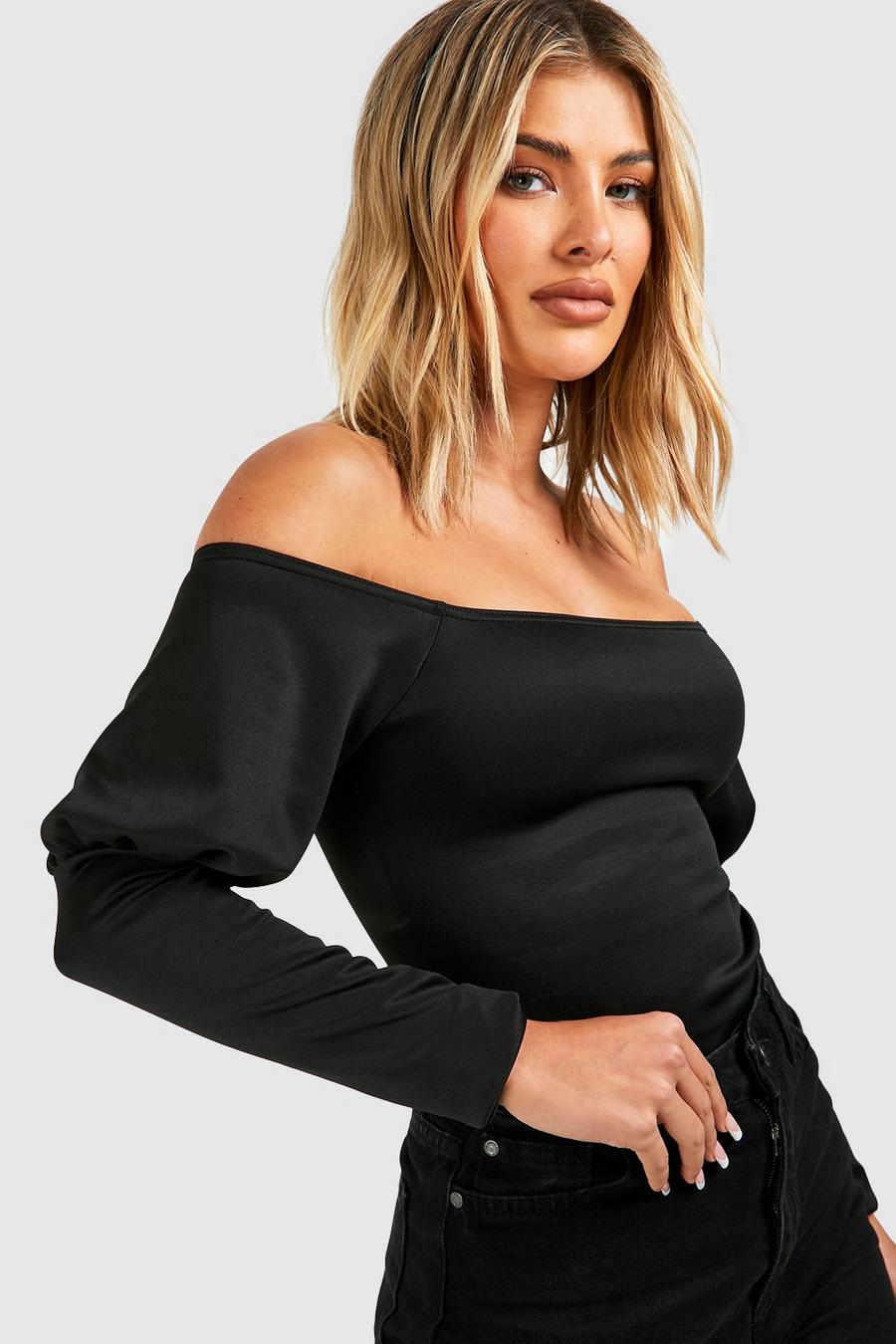 Black Scuba Off The Shoulder Puff Sleeve Bodysuit image number 1