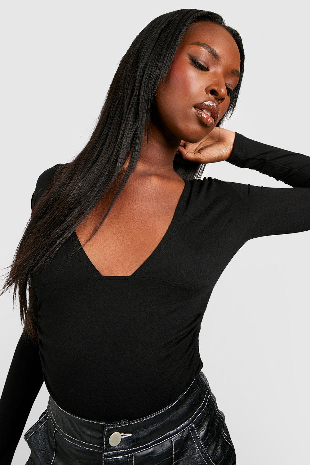 Black Plunge Long Sleeve Bodysuit