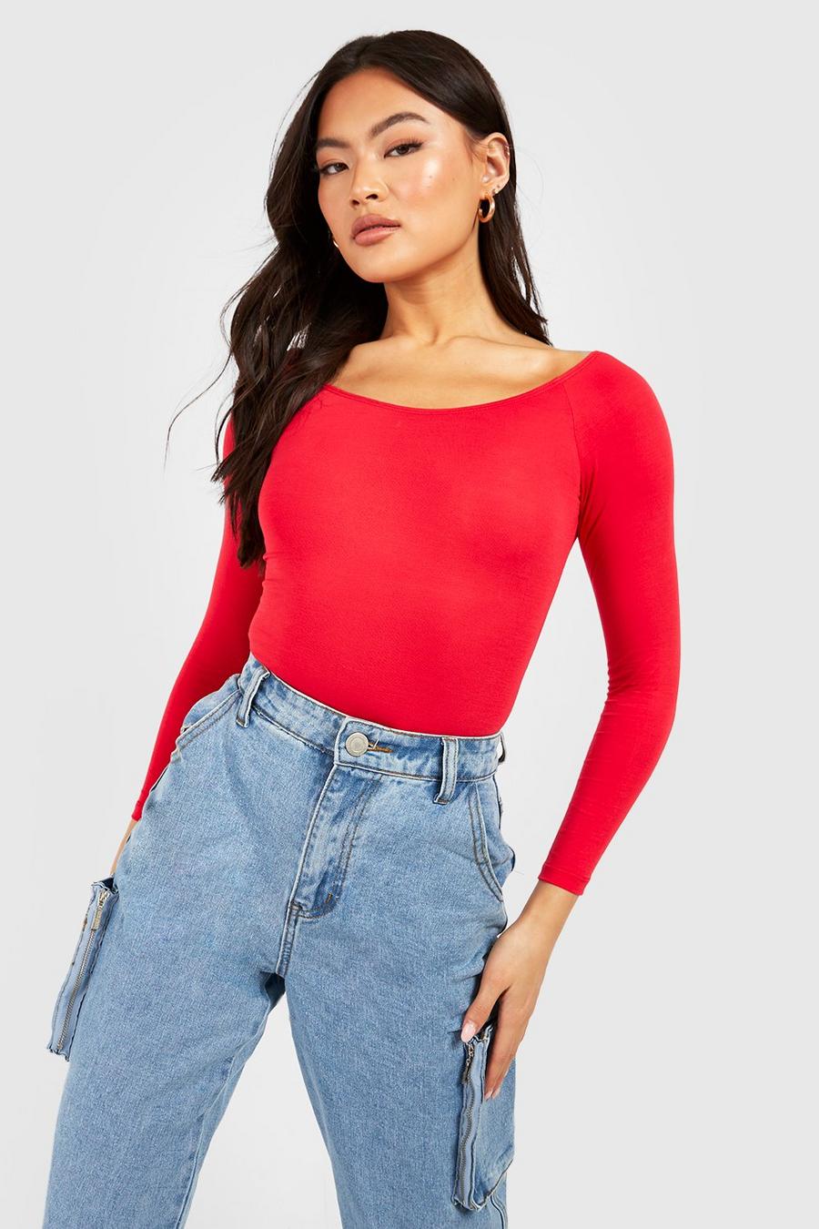 Red rot Off The Shoulder Long Sleeve Bodysuit