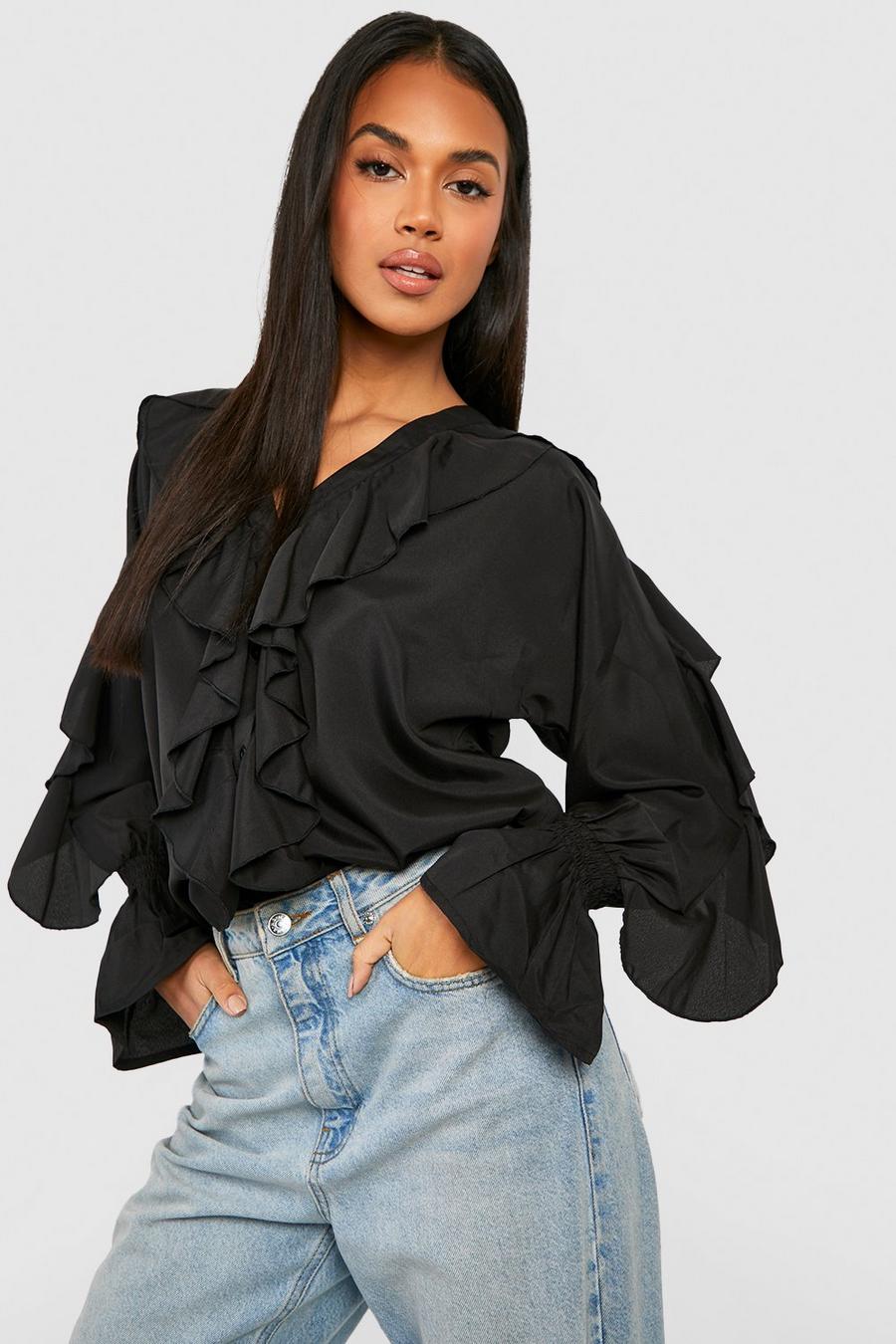 Black Woven Ruffle Plunge Blouse image number 1