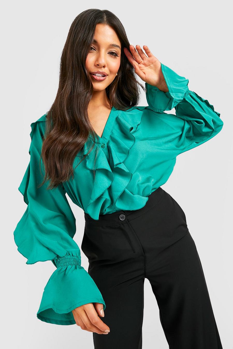 Green Woven Ruffle Plunge Blouse image number 1