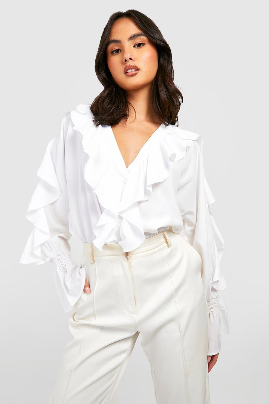 White Woven Ruffle Plunge Blouse image number 1