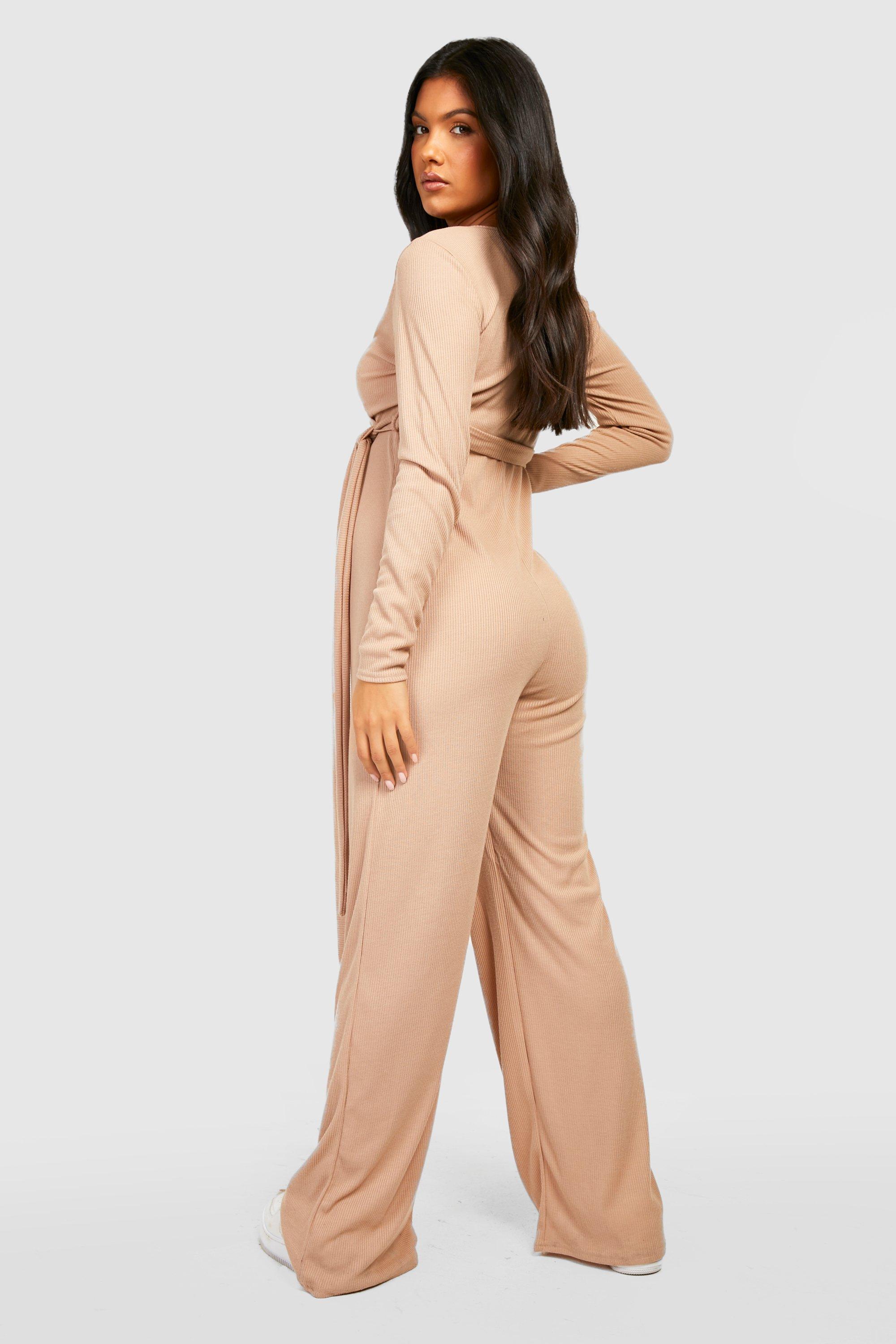 Maternity Rib Long Sleeve Wrap Belted Wide Leg Jumpsuit