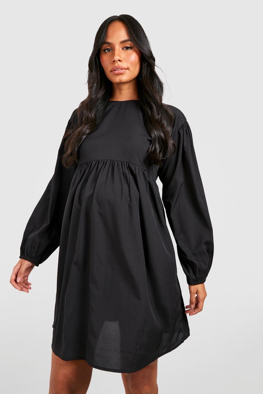 Black Maternity Puff Sleeve Cross Back Smock Dress