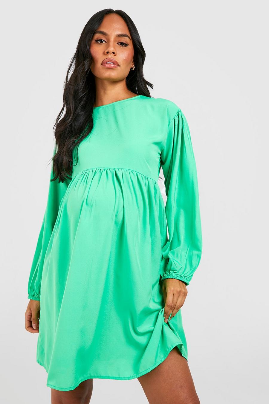 Bright green Maternity Puff Sleeve Cross Back Smock Dress image number 1