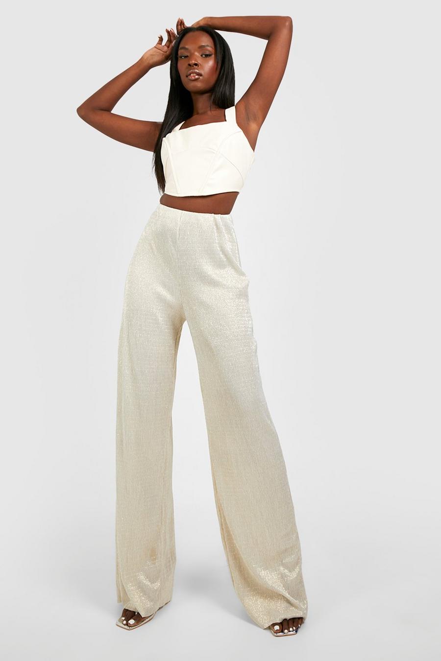 Champagne Metallic Plisse High Waisted Full Length Trousers