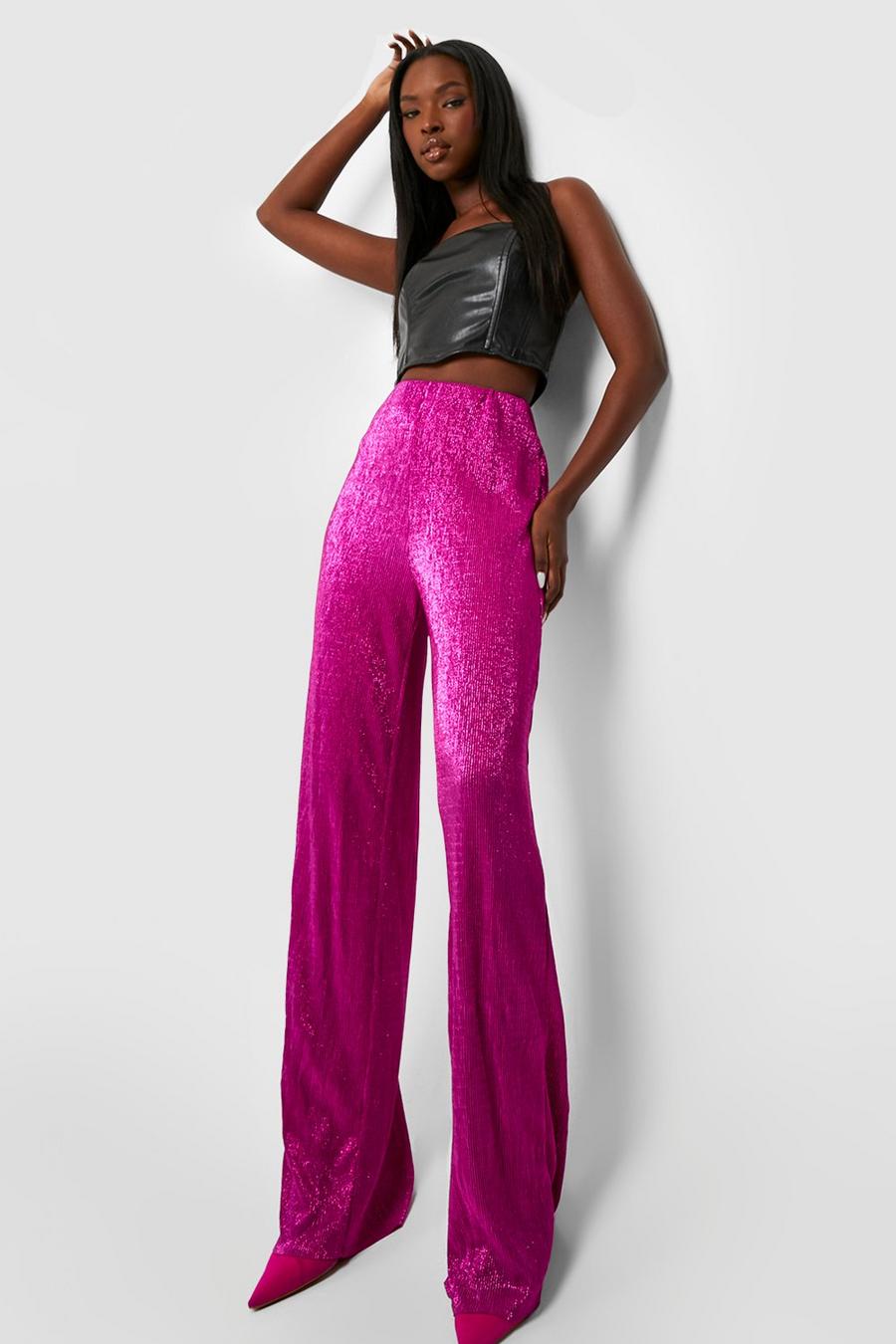 Pink Metallic Plisse High Waisted Full Length Pants image number 1