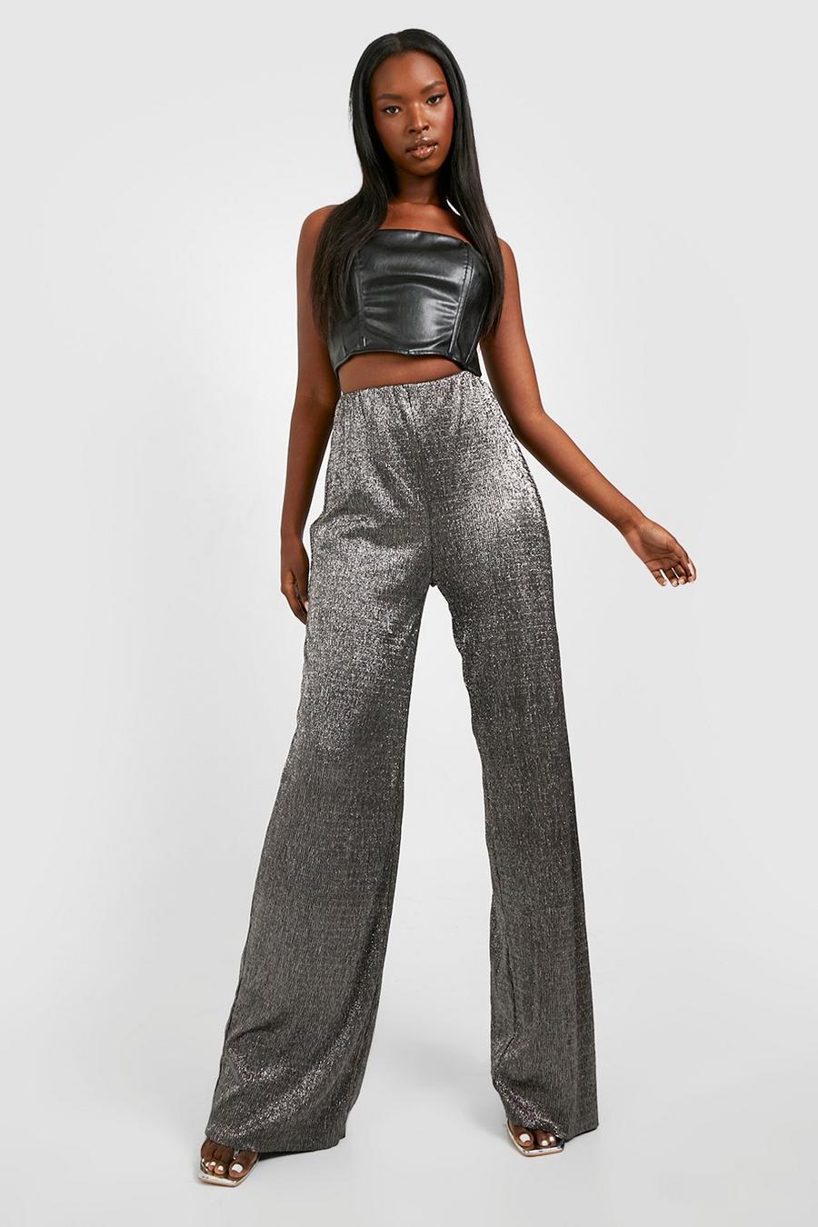 Silver Metallic Plisse High Waisted Full Length Pants image number 1