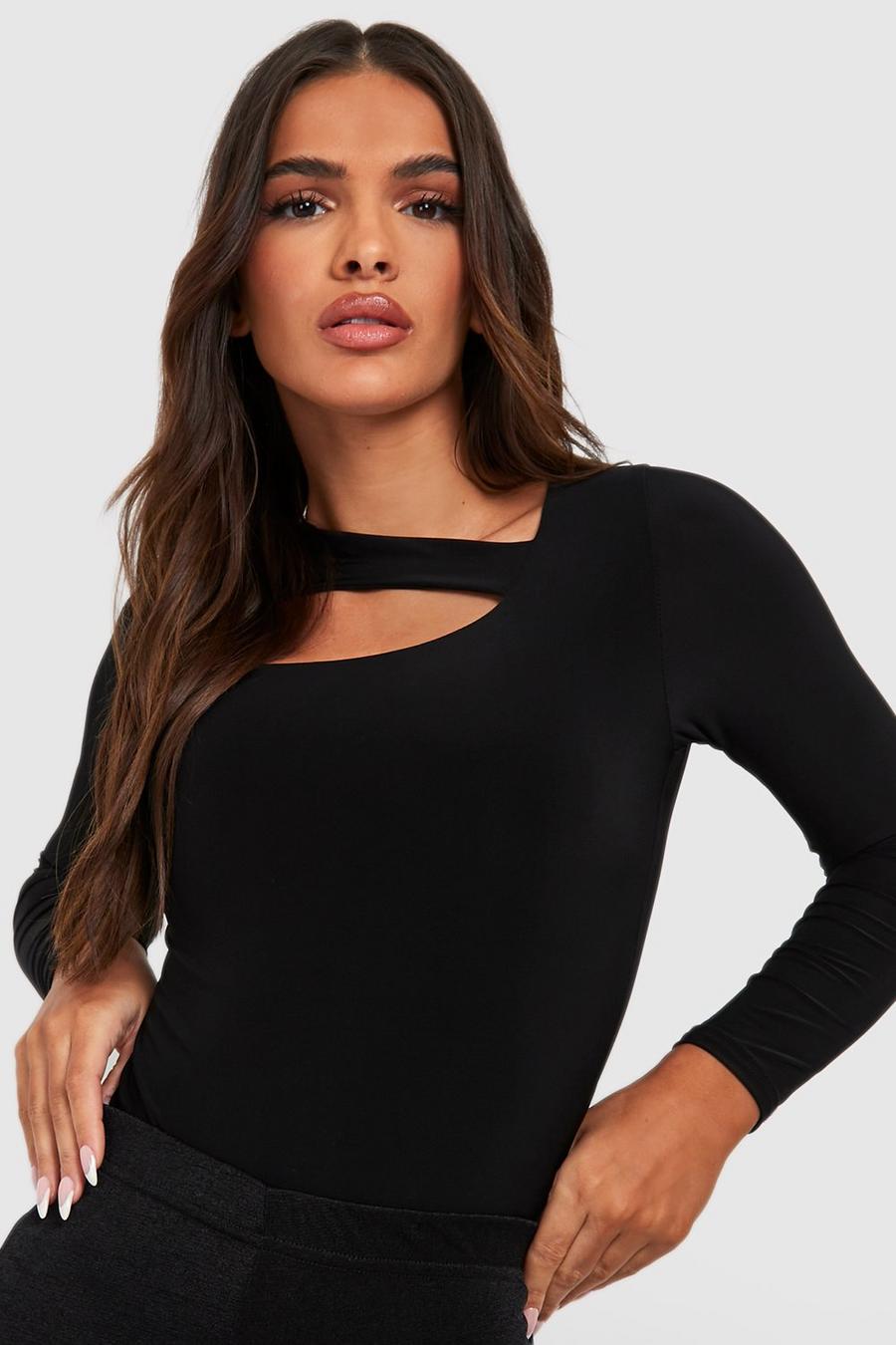 Black Double Layer Slinky Cut Out Long Sleeve Bodysuit  image number 1