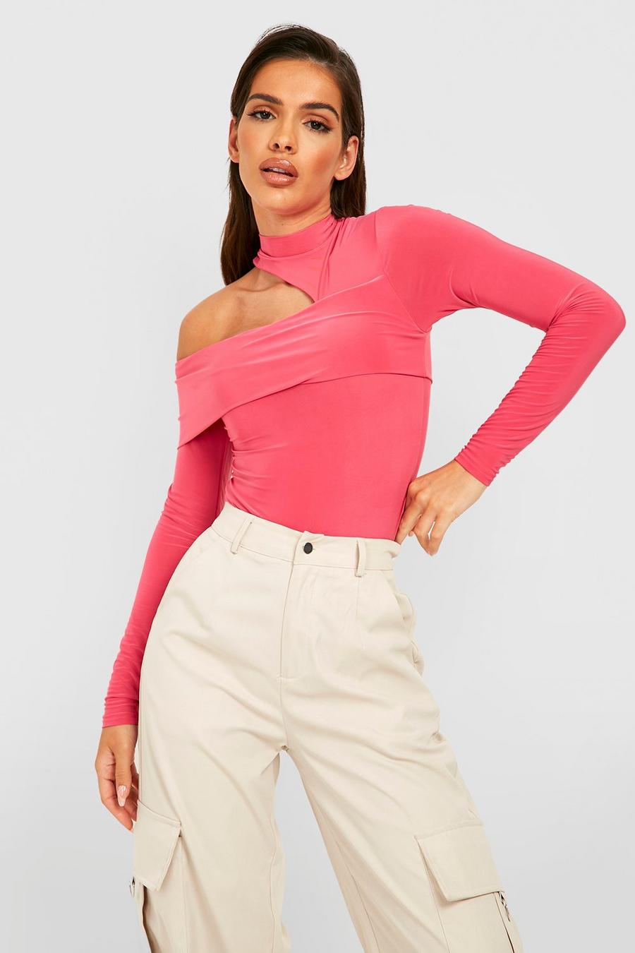 Hot pink rosa Double Layer Slinky High Neck Bodysuit 