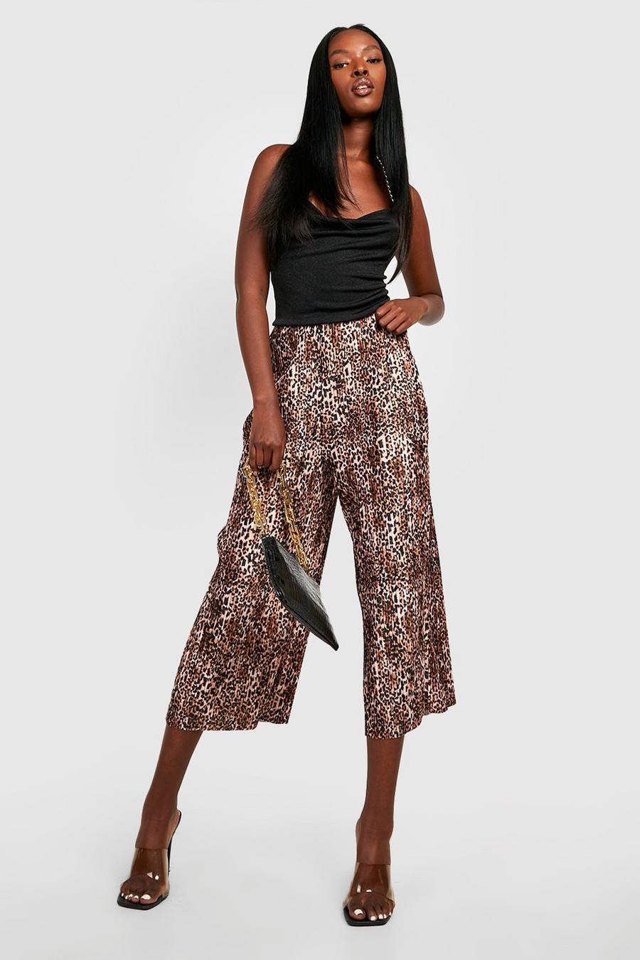 Brown Leopard Plisse Culotte Trousers image number 1