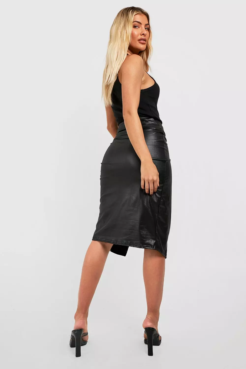 Leather Look Drape Split Front Midi Skirt alternative image