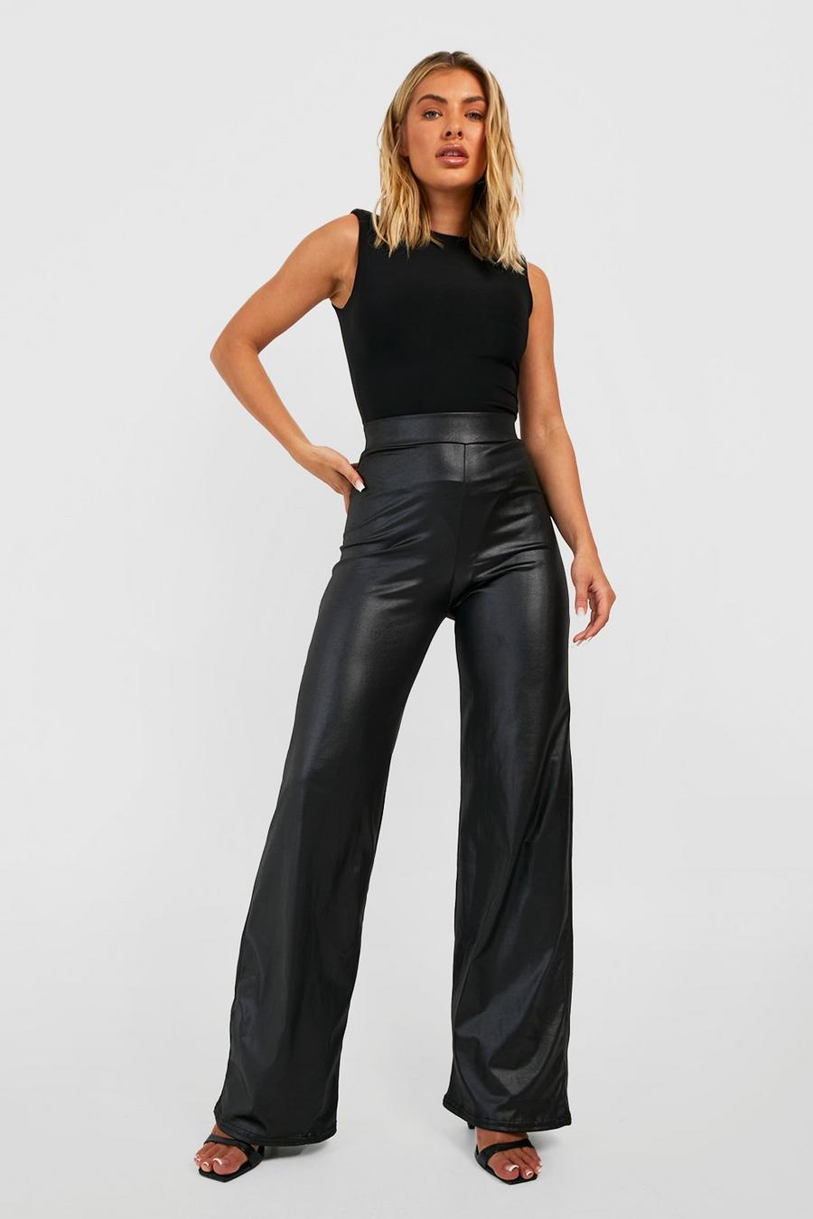Black svart Leather Look Jersey Deep Waistband Wide Leg Trousers image number 1