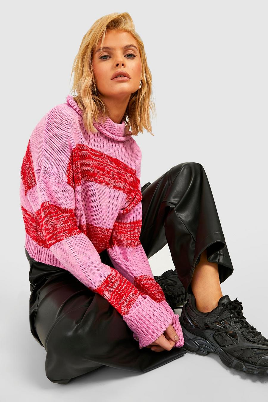 Pink Marl Stripe Turtleneck Crop Sweater image number 1