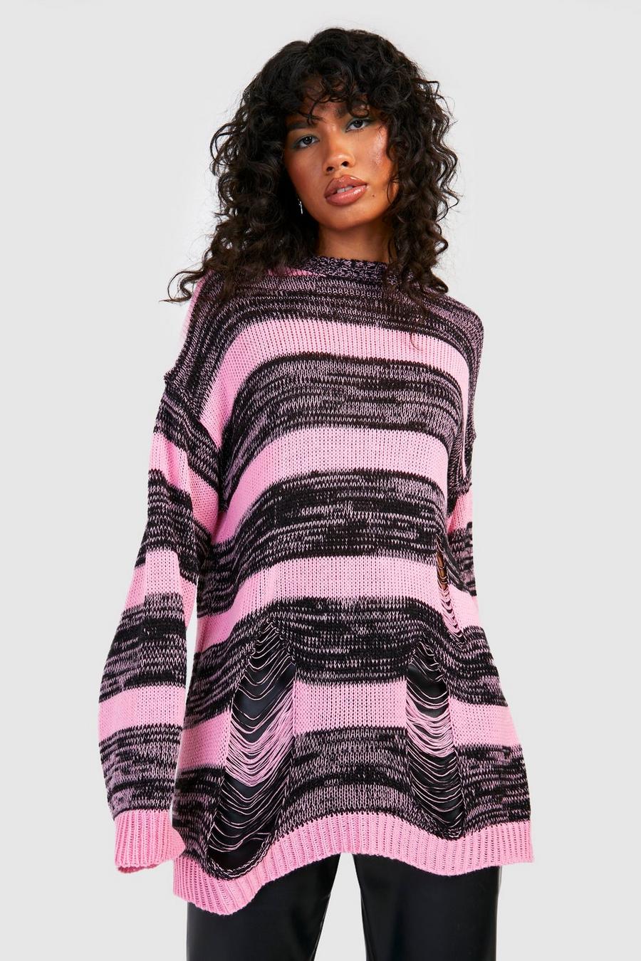 Pink Oversized Marl Laddered Stripe Sweater image number 1