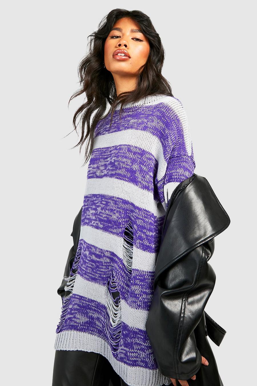 Purple Oversized Marl Laddered Stripe Sweater image number 1