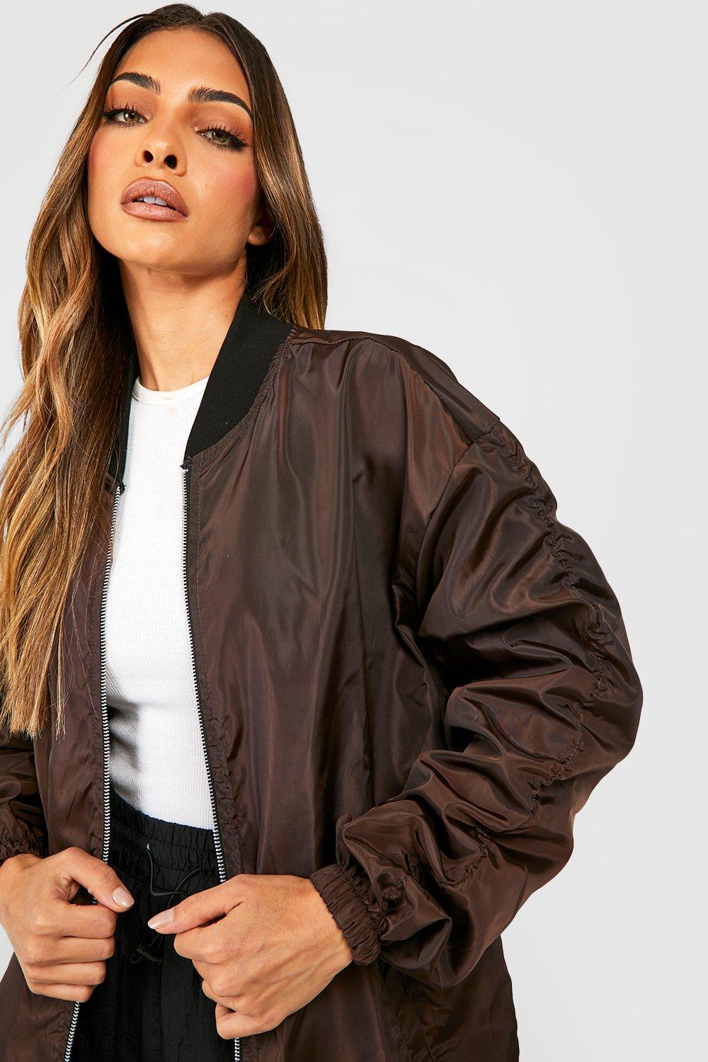 Brown and Beige Oversized Bomber Jacket