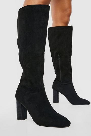 Block Wooden Heel Knee High Boots Happy black