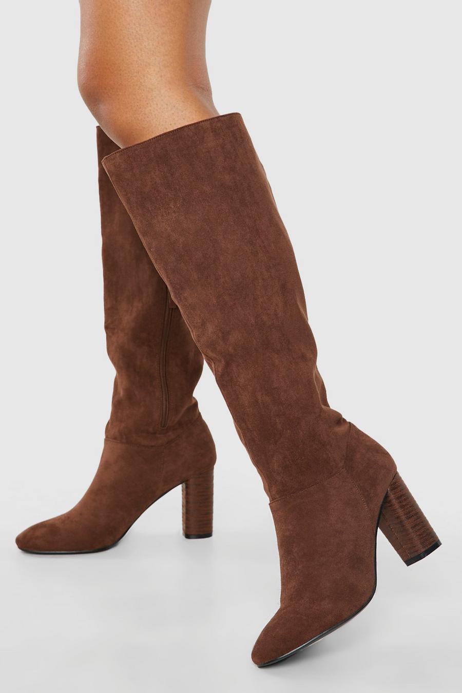 Chocolate brown Block Wooden Heel Knee High Boots