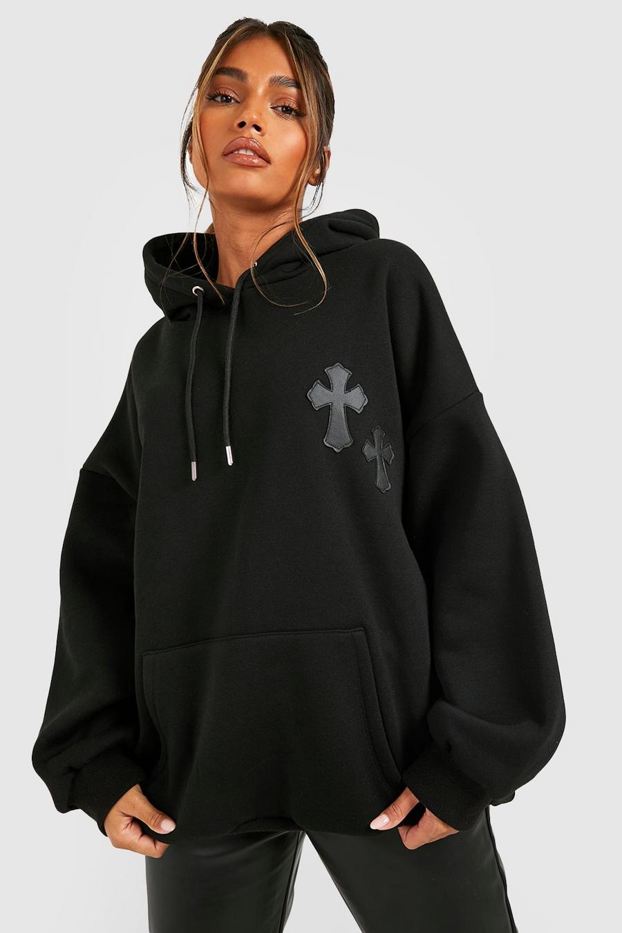 Black Pu Cross Applique Oversized Hoodie