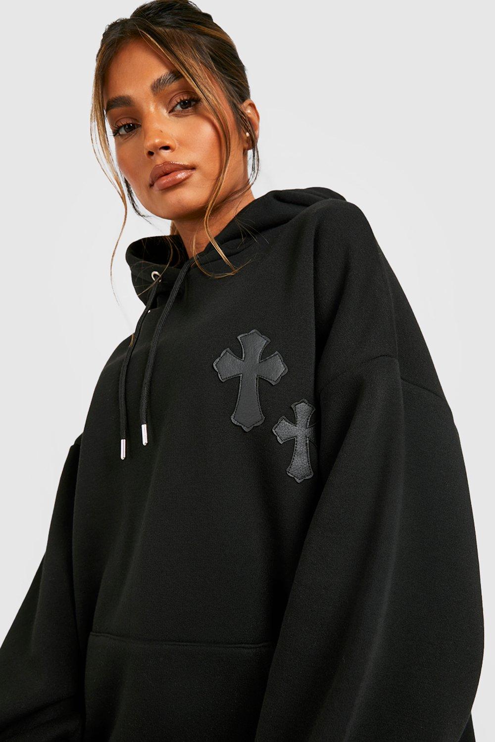 Pu Cross Applique Oversized Hoodie