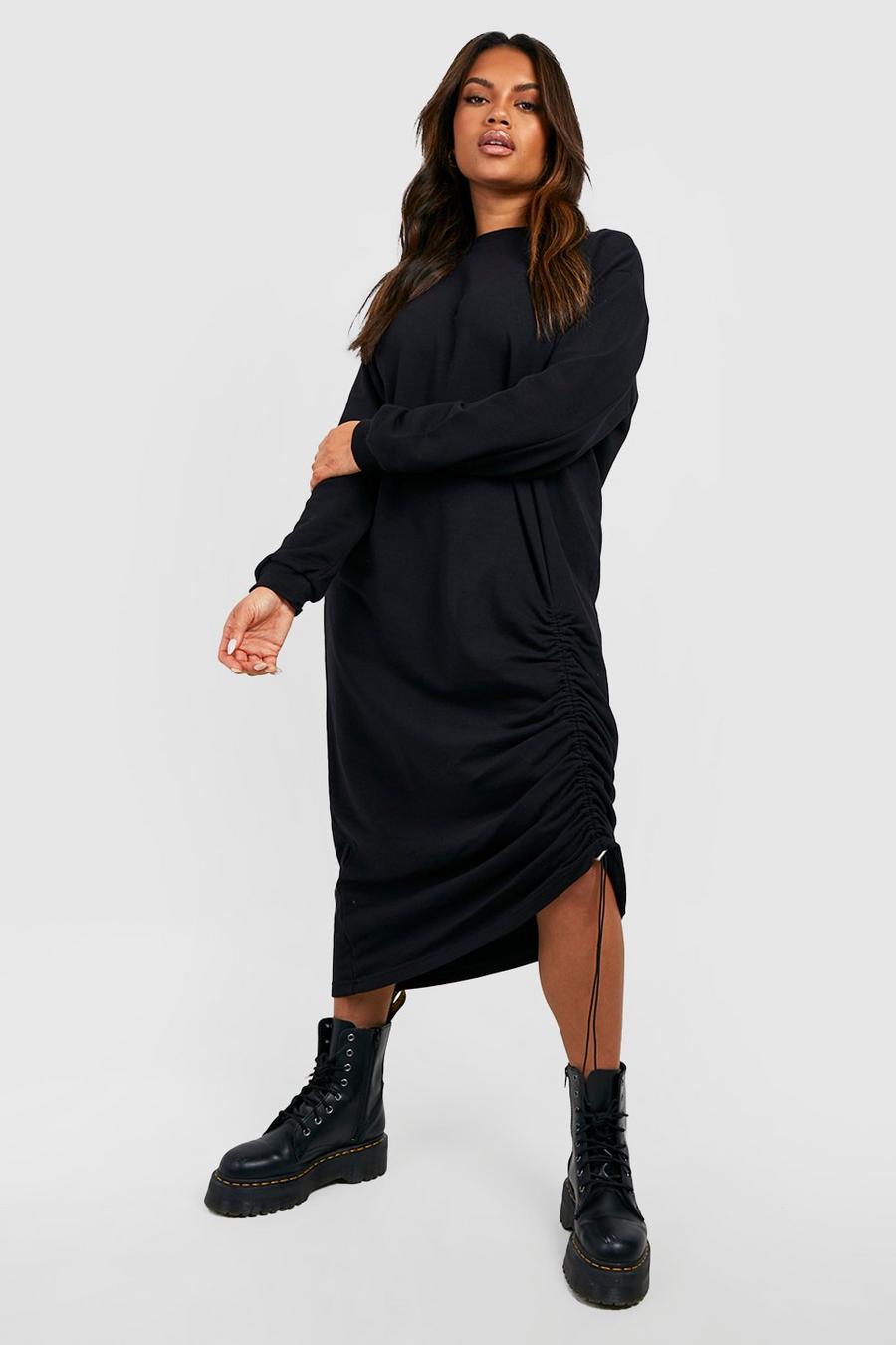 שחור שמלת סוודר מידי אוברסייז עם קפלים בצד, מידות גדולות