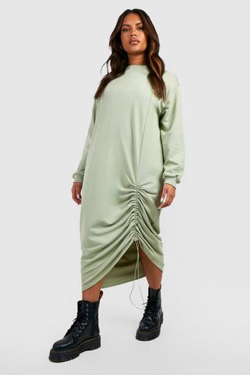Plus Oversized Ruched Side Midi Jumper Dress khaki