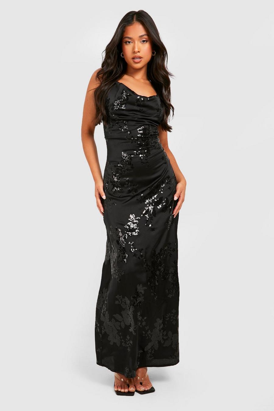 שחור שמלת מקסי מסאטן מעוטרת עם פייטים, פטיט image number 1