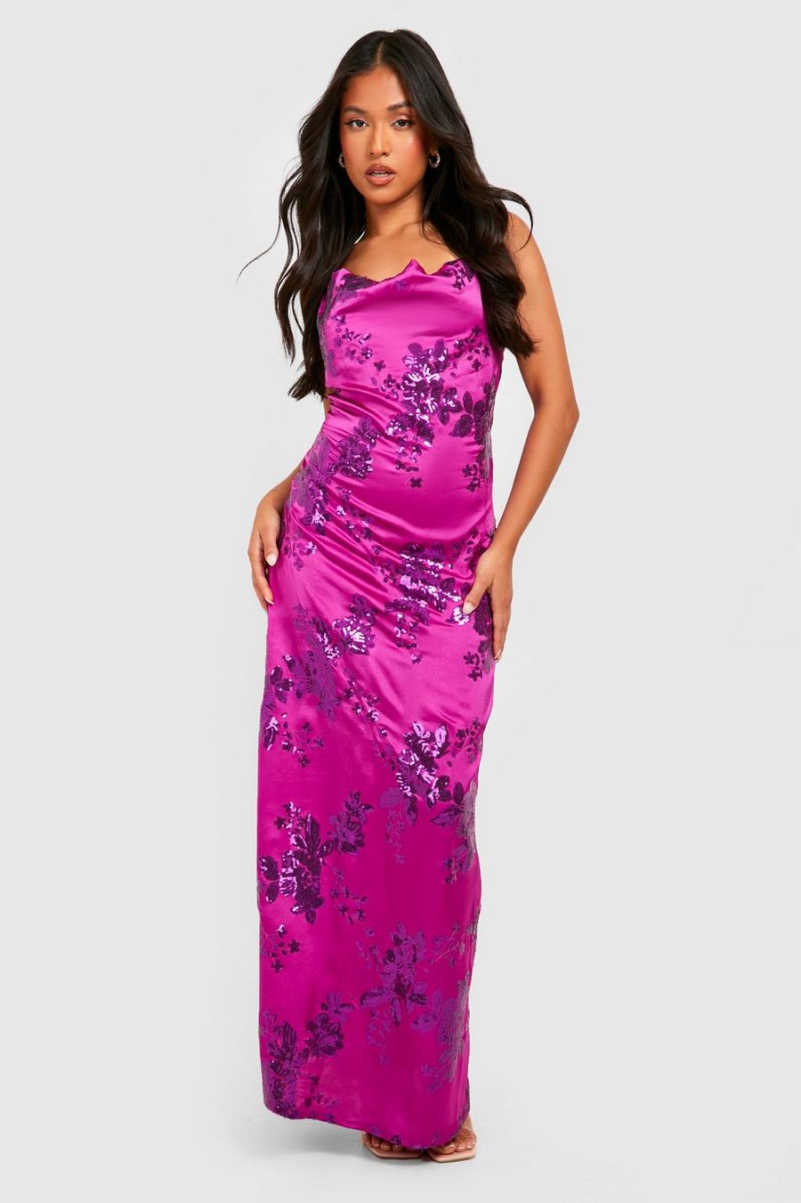 Purple Petite Satin Embellished Sequin Maxi Dress image number 1