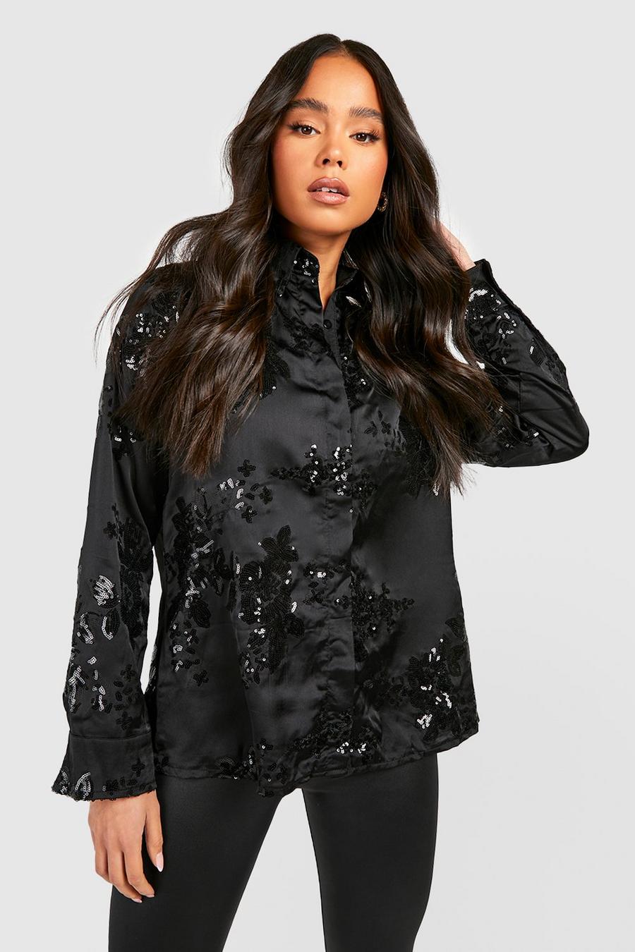 Black Petite Satin Embellished Sequin Shirt 