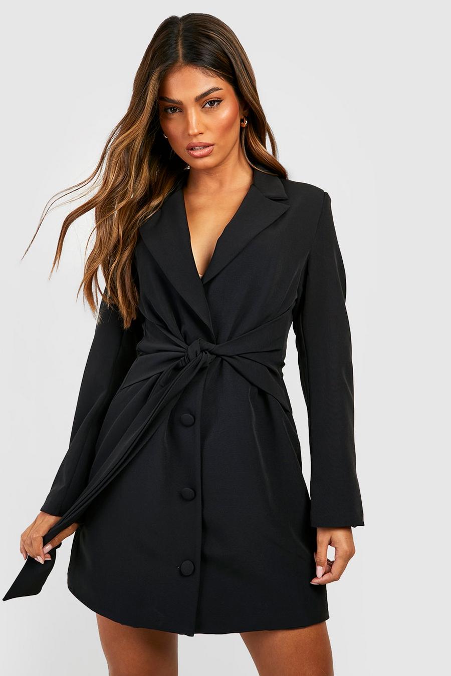 Black noir Tie Waist Button Front Blazer Dress