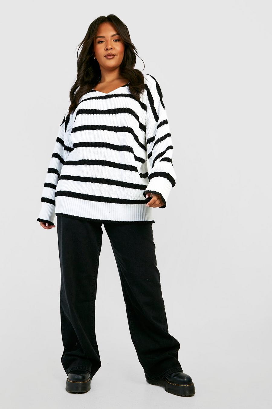 White Plus Striped Knitted Sweater image number 1