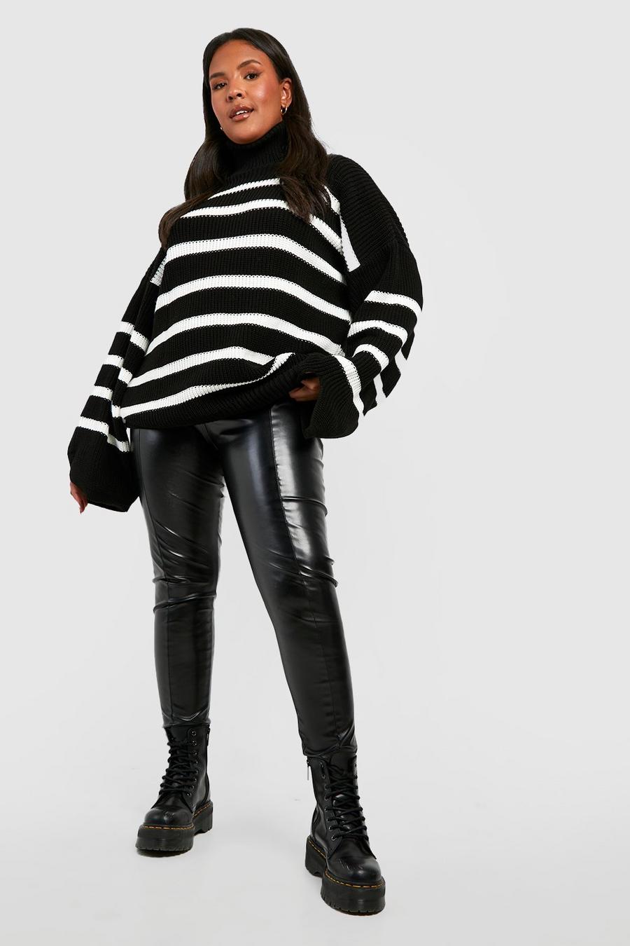 Pullover Plus Size oversize in maglia a righe con collo alto, Black nero