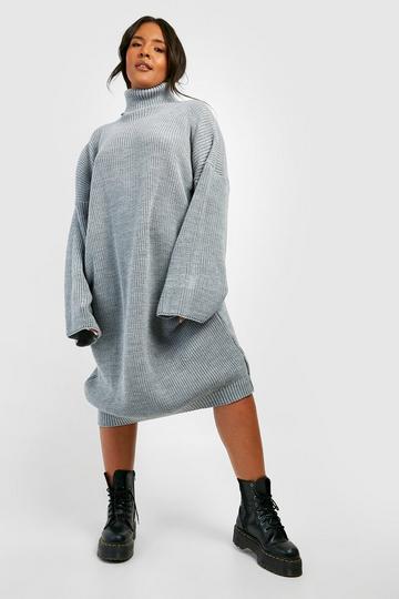 Grey Plus Knitted Roll Neck Midi Jumper Dress
