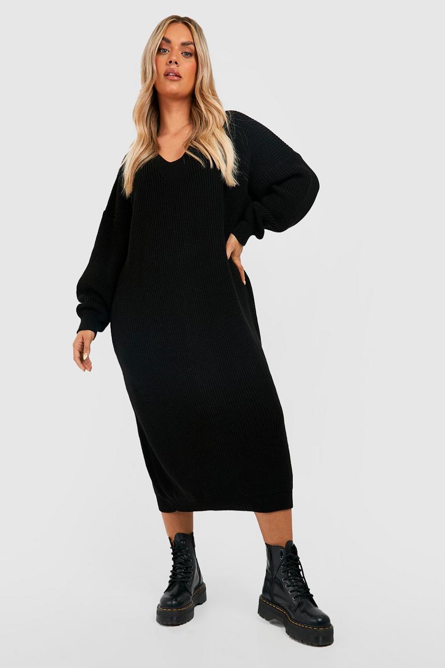 Black Plus Knitted V Neck Jumper Dress 