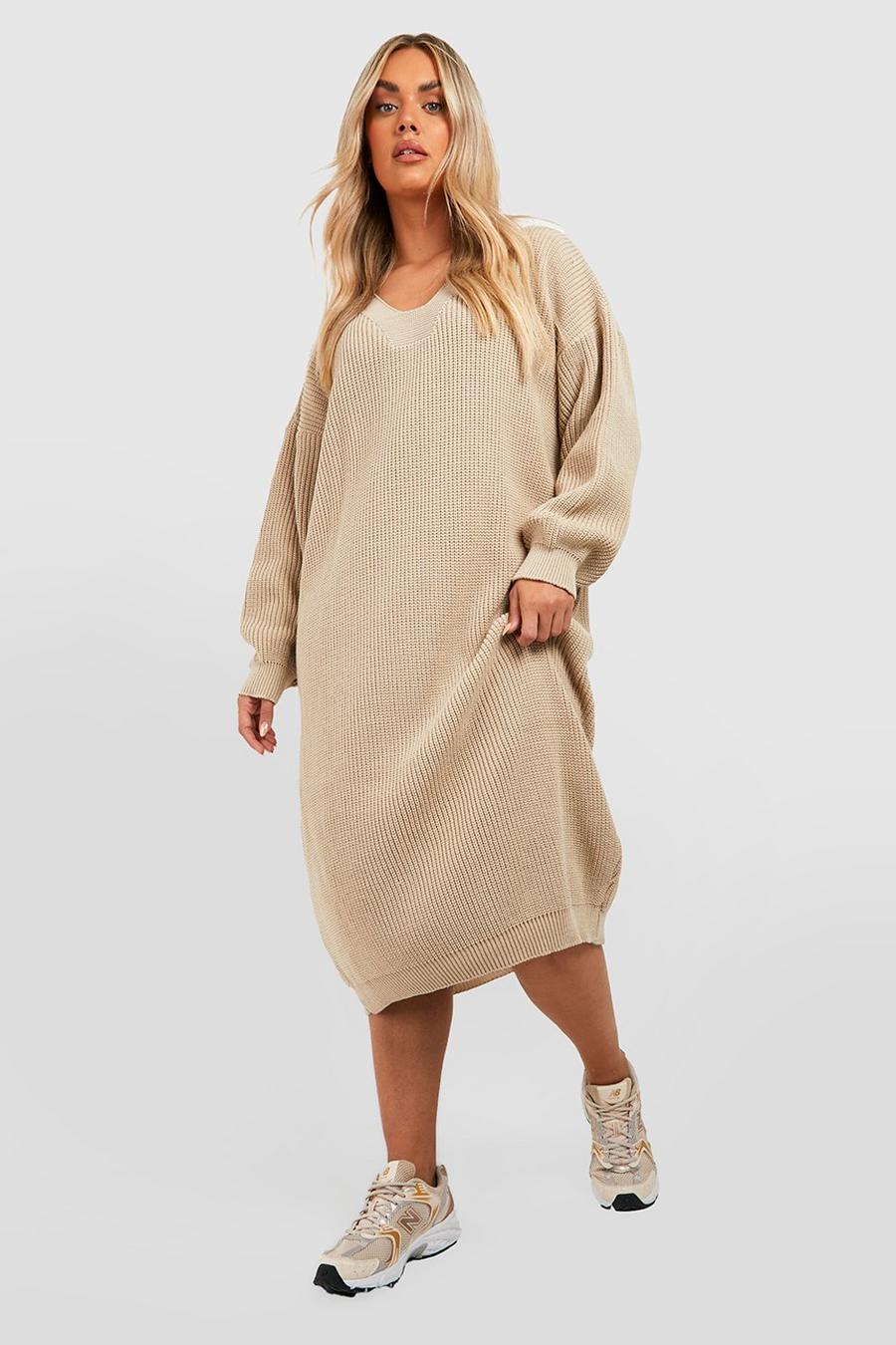 Stone beige Plus Knitted V Neck Sweater Dress