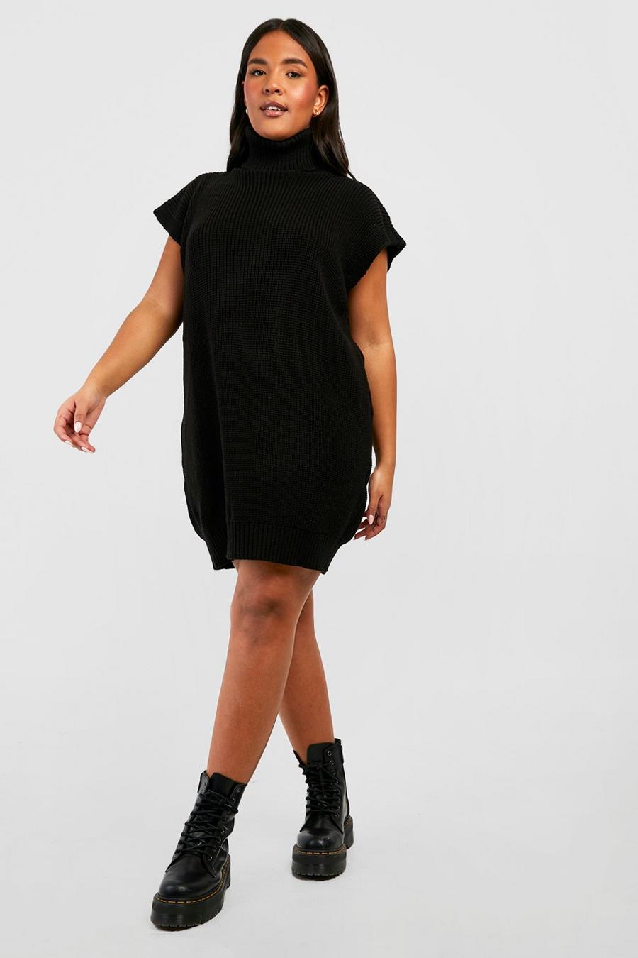Black Plus Knitted Roll Neck Sleeveless Jumper Dress   